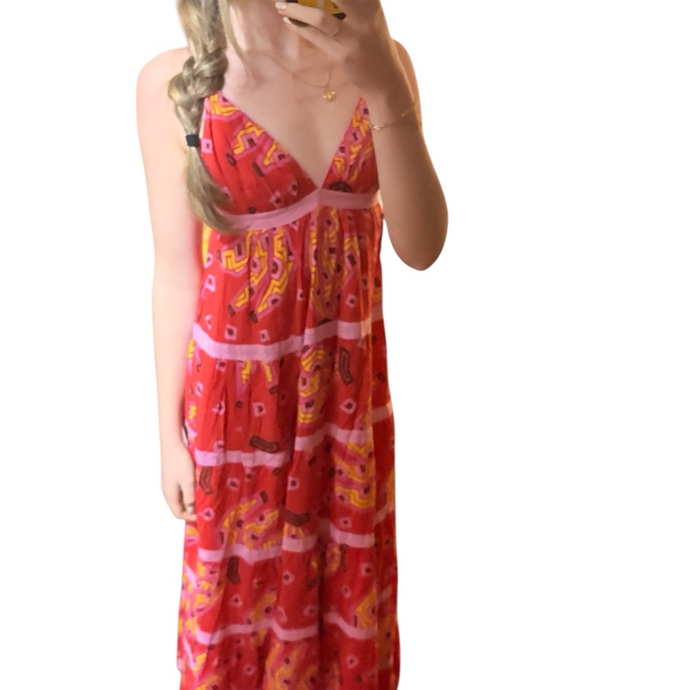 FARM RIO Red Tiki Bananas Maxi Tiered Dress - M - Picture 3 of 3